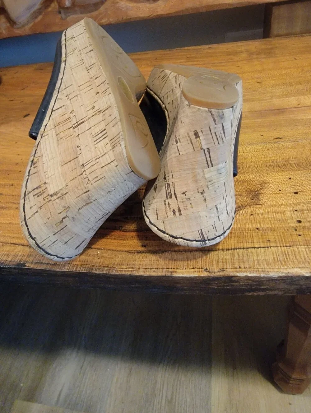 Born Size 7 Black Leather Cork Wedge Slide Sandals w/ 3